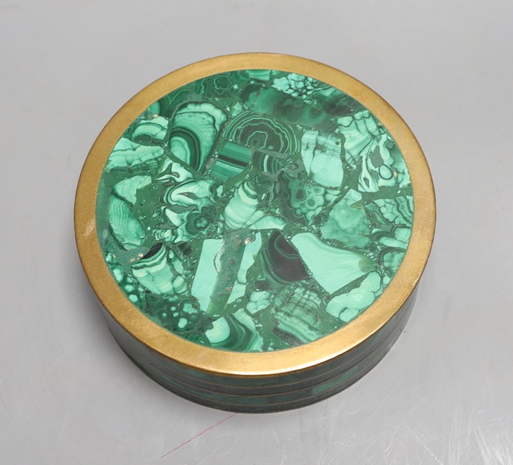 A circular malachite mounted box and cover 12.5cm